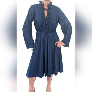 Vintage Women's Sheer Navy V-Neck Ruffle Retro 80s Fashion Blouson Dress Size M